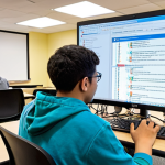 **

A modern, brightly lit coding bootcamp classroom. Several students with diverse backgrounds are intently focused on their laptops, with a friendly instructor helping one student debug their code. The atmosphere is collaborative and supportive. Desktops display lines of Python code. "Embracing the Digital Forge" subtly displayed as a banner in the background.

**