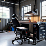 **Ergonomic Welding Workstation:** A modern welding workshop featuring an adjustable welding table, a supportive ergonomic chair, and task-specific LED lighting, creating a comfortable and safe environment for a welder at work.