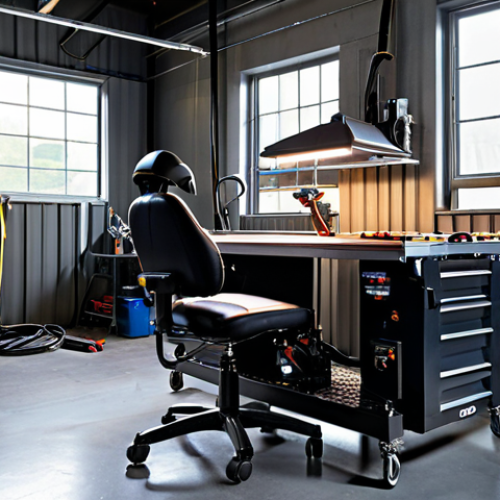 Home 6 **Ergonomic Welding Workstation:** A modern welding workshop featuring an adjustable welding table, a supportive ergonomic chair, and task-specific LED lighting, creating a comfortable and safe environment for a welder at work.