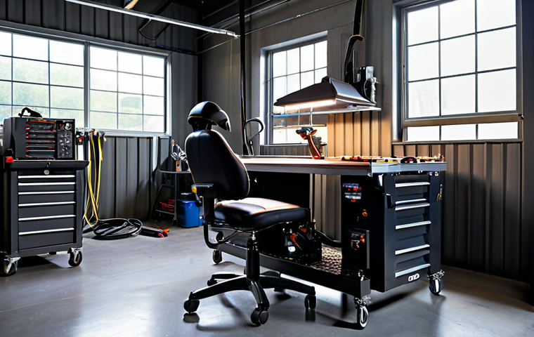 **Ergonomic Welding Workstation:** A modern welding workshop featuring an adjustable welding table, a supportive ergonomic chair, and task-specific LED lighting, creating a comfortable and safe environment for a welder at work.