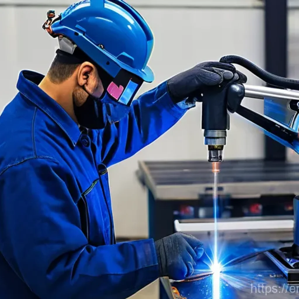 용접사의 미래 기술 적응 방법 - **Subject:** A male welder in his mid-30s, with a short, neat beard, wearing a modern, well-fitted d...