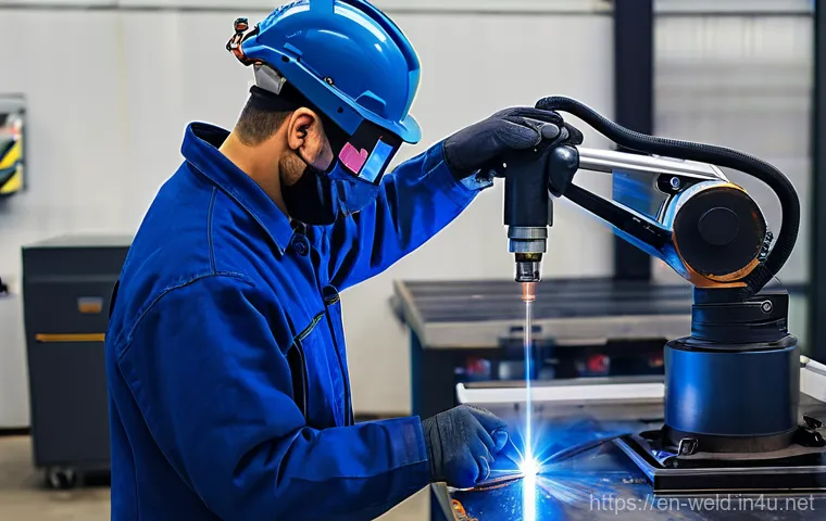 용접사의 미래 기술 적응 방법 - **Subject:** A male welder in his mid-30s, with a short, neat beard, wearing a modern, well-fitted d...