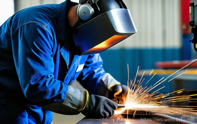 용접사의 미래 기술 적응 방법 - **Subject:** A male welder in his mid-30s, with a short, neat beard, wearing a modern, well-fitted d...