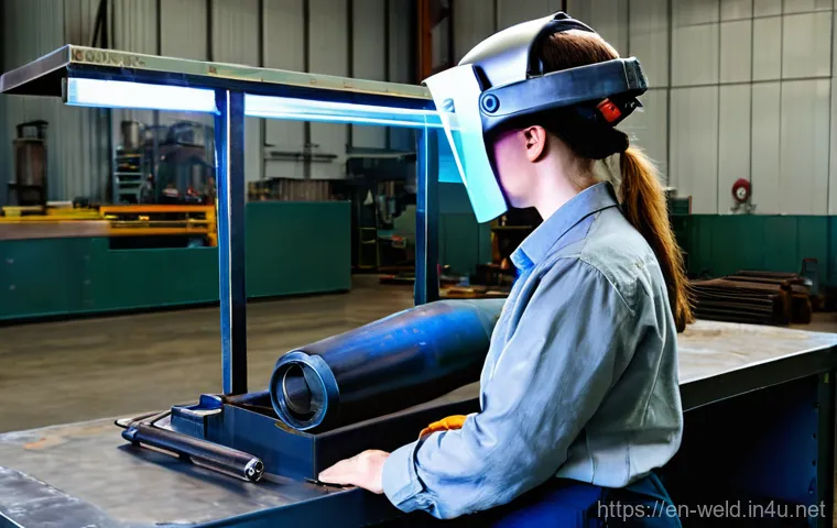 용접사의 미래 기술 적응 방법 - **Subject:** A male welder in his mid-30s, with a short, neat beard, wearing a modern, well-fitted d...