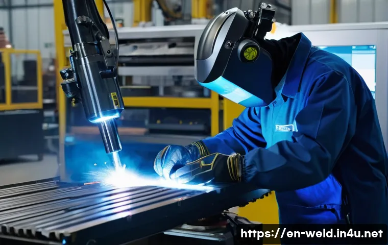 용접 업계 트렌드 분석 - **Collaborative Robotics and AI in a Modern Welding Bay**
    A highly skilled human welder, wearing...