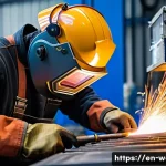 용접사 연봉 협상 시 주의사항 - A skilled welder in a modern industrial workshop, wearing protective gear including a welding helmet...