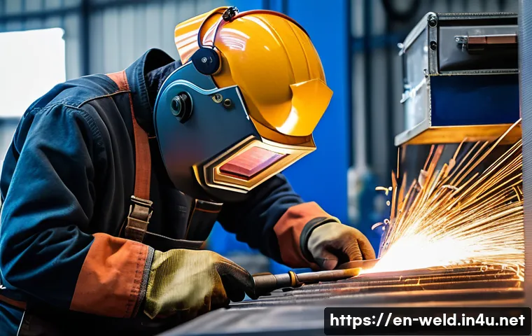 용접사 연봉 협상 시 주의사항 - A skilled welder in a modern industrial workshop, wearing protective gear including a welding helmet...