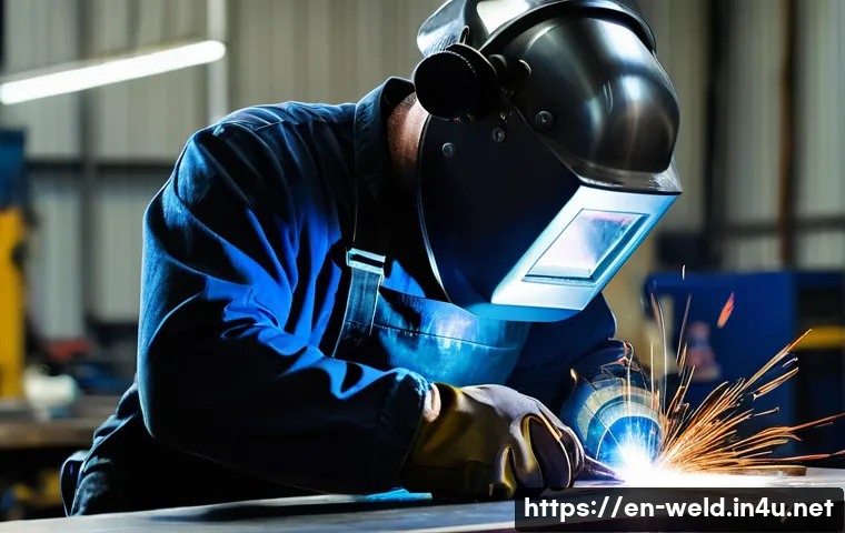 용접 이론 공부법 - A detailed close-up scene of a skilled welder performing Gas Tungsten Arc Welding (GTAW/TIG) on a th...