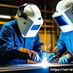 용접사의 효율적인 경력 관리 - A skilled welder wearing full personal protective equipment (helmet, gloves, flame-resistant jacket)...