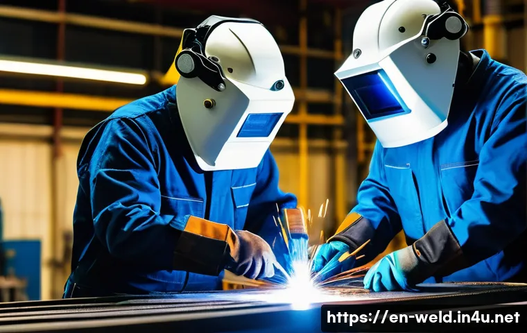 용접사의 효율적인 경력 관리 - A skilled welder wearing full personal protective equipment (helmet, gloves, flame-resistant jacket)...