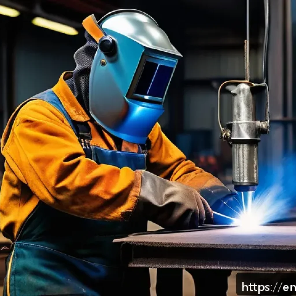 용접사와 안전 장비 중요성 - A professional welder wearing full protective gear including an auto-darkening welding helmet with a...