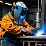 용접사와 안전 장비 중요성 - A professional welder wearing full protective gear including an auto-darkening welding helmet with a...