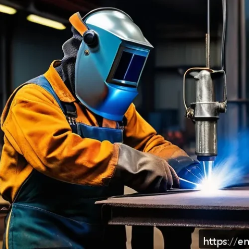 용접사와 안전 장비 중요성 - A professional welder wearing full protective gear including an auto-darkening welding helmet with a...