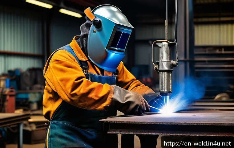 용접사와 안전 장비 중요성 - A professional welder wearing full protective gear including an auto-darkening welding helmet with a...