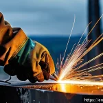 용접 재료별 특성 이해 - A highly detailed close-up of a professional welder&rsquo;s hands guiding a flux-cored wire welding torch ...