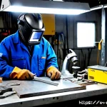 용접 실기 준비에 필요한 도구 - Photorealistic welding practical exam preparation workbench in a vocational workshop, neatly arrange...