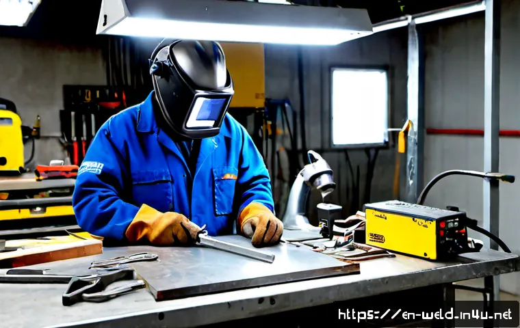 용접 실기 준비에 필요한 도구 - Photorealistic welding practical exam preparation workbench in a vocational workshop, neatly arrange...