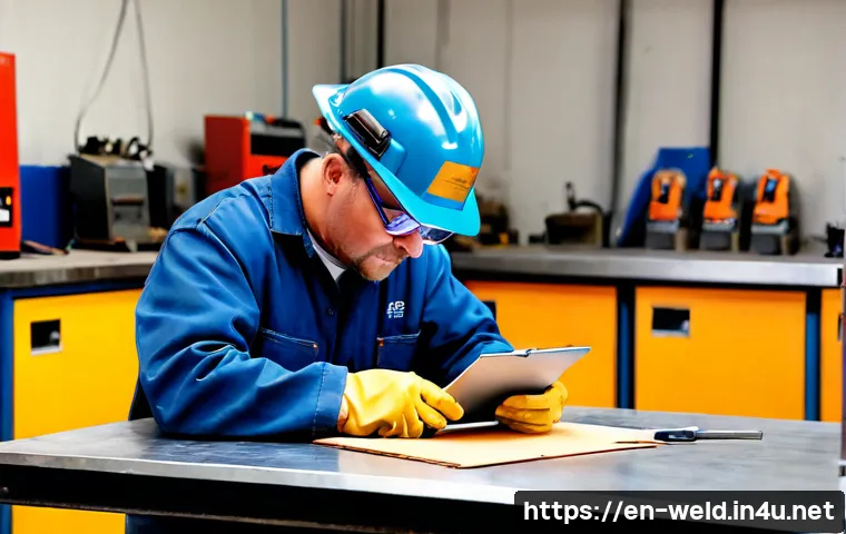 Home 30 용접사 이직 준비 체크리스트 - Photorealistic career-transition scene for a professional welder, middle-aged worker in clean flame-...