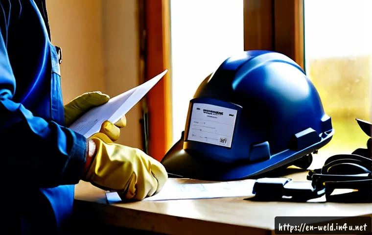 Home 17 용접사 자격증 재발급 방법 - Photorealistic close-up of a certified welder in clean navy workwear and protective gloves organizin...
