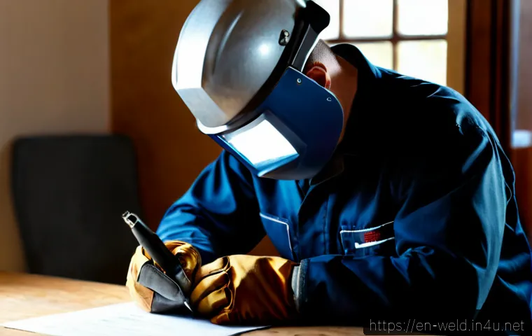 Home 17 용접사의 자기소개서 작성법 - Photorealistic career preparation scene, experienced male welder in clean protective workwear seated...